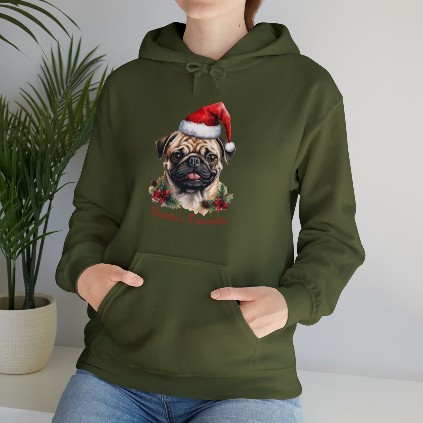 Santa's Favorite Pug in Santa Hat Unisex Heavy Blend™ Hooded Sweatshirt