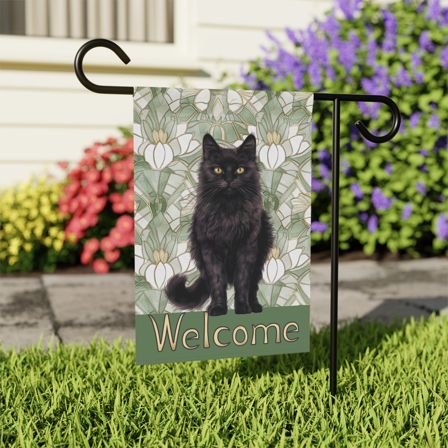 Black Cat on Sage Welcome 2-Sided Garden & House Flag/Banner