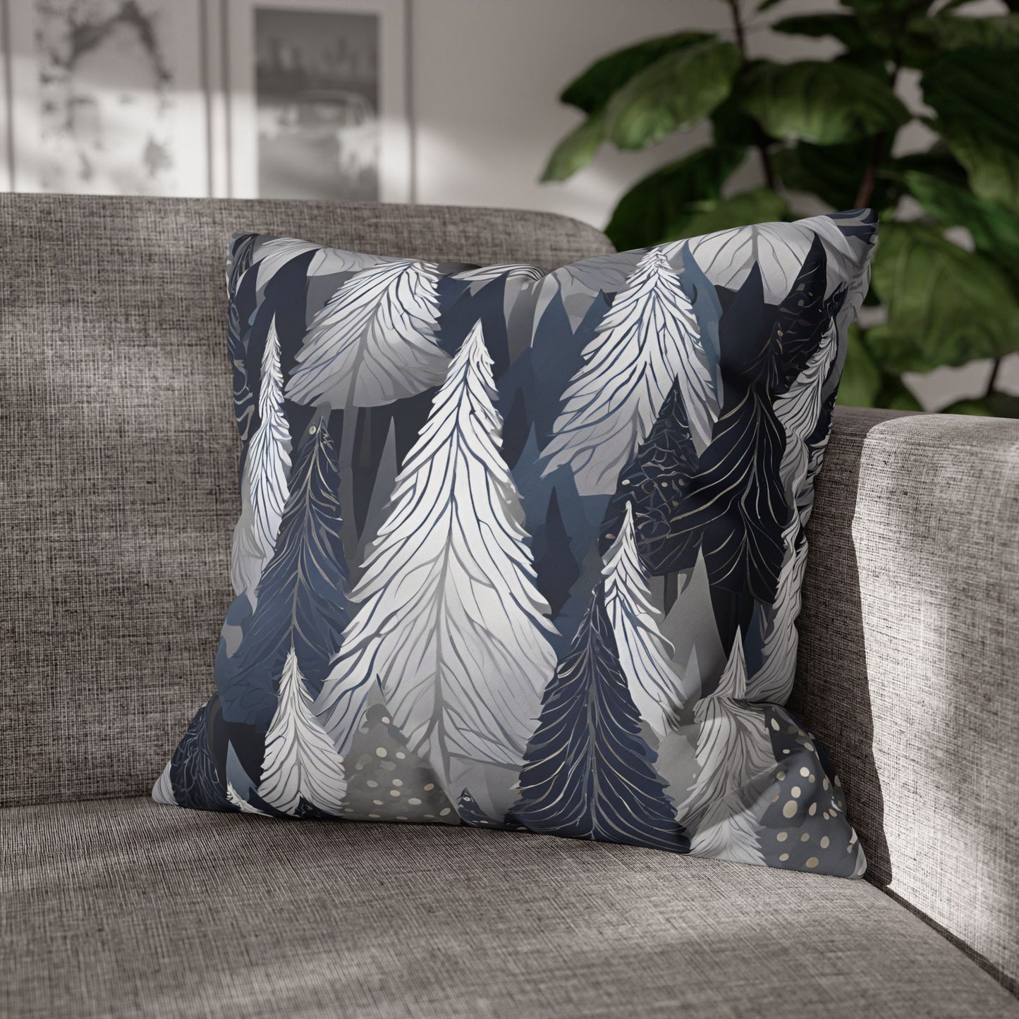 Navy Modern Trees Square Poly Canvas Pillowcase