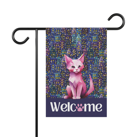 Pink City Cat Welcome 2-Sided Garden & House Flag/Banner