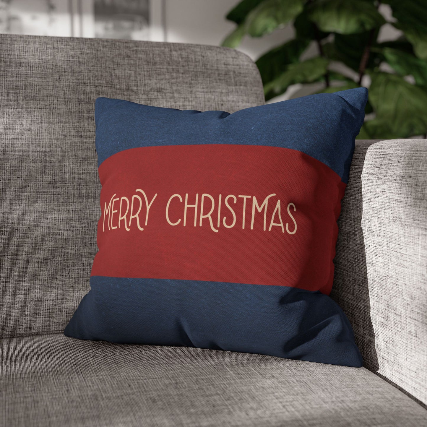 Merry Christmas Red & Navy Square Poly Canvas Pillowcase