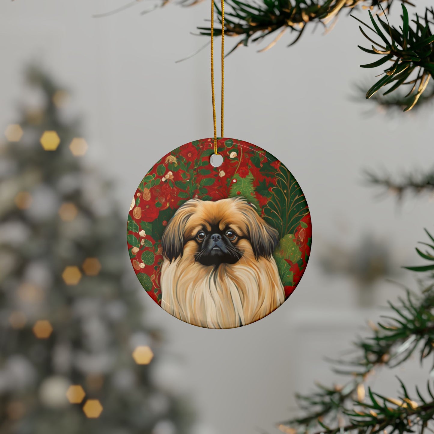 Pekingese Christmas 3" Ceramic Ornaments, 2-Side Print, (1pc, 10pcs)