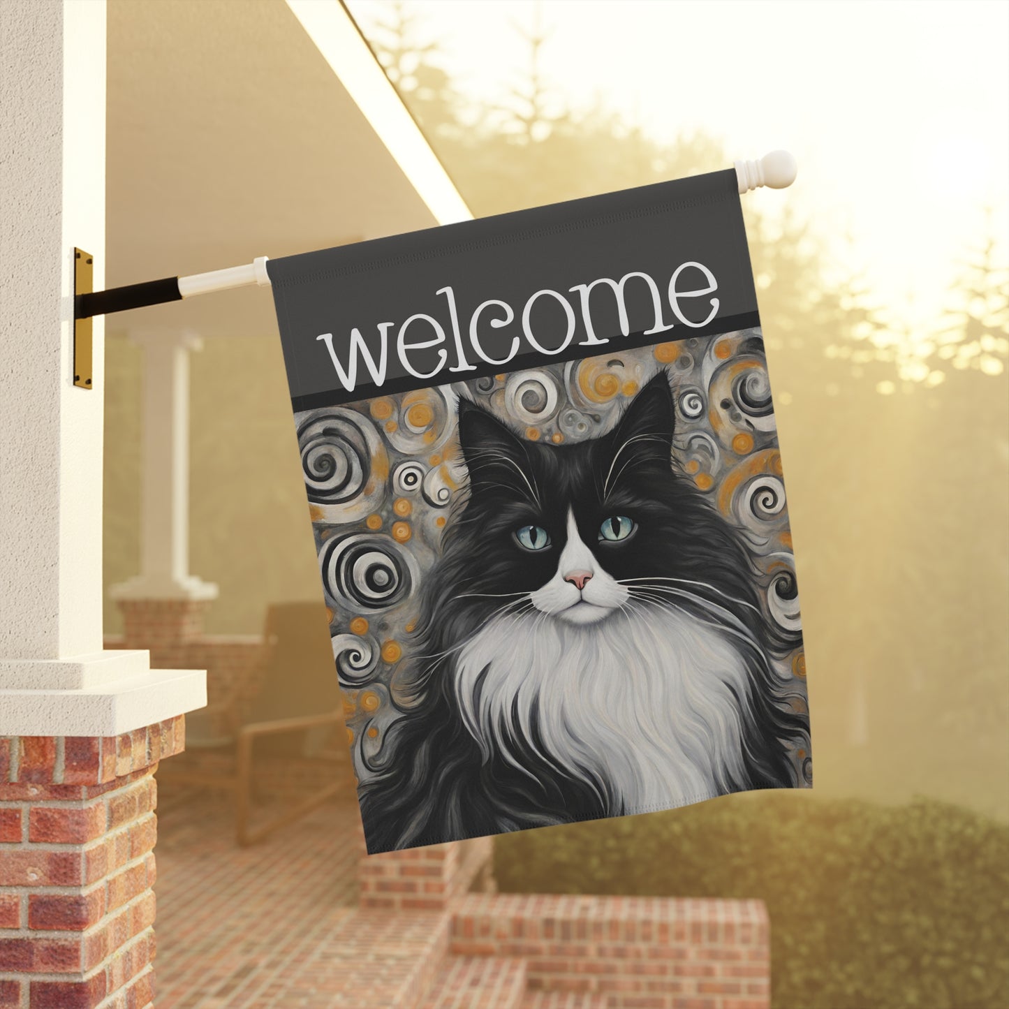 Phyllis Black & White Cat Welcome 2-Sided Garden & House Flag/Banner