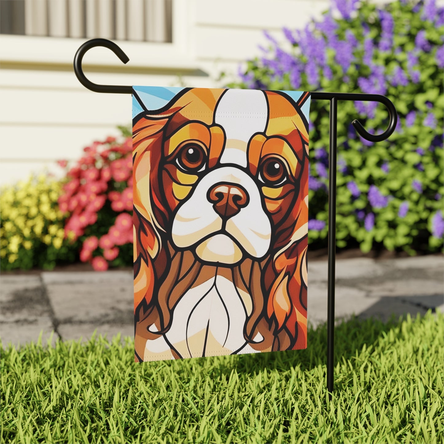 Cavalier King Charles Spaniel Face Stained Glass Look 2-Sided Garden & House Flag/Banner