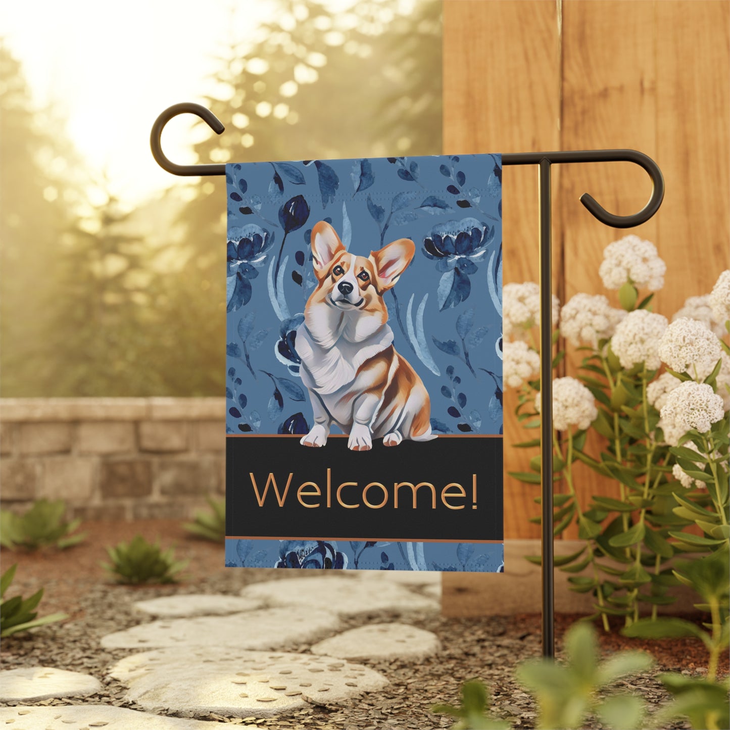 Corgi on Blue Welcome 2-Sided Garden & House Flag/Banner