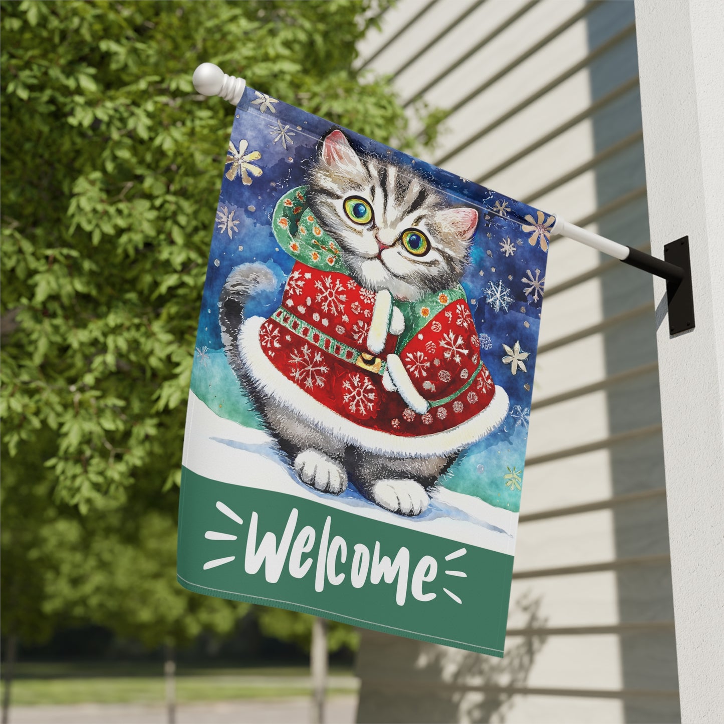 Welcome Whiskers Christmas Cat 2-Sided Garden & House Flag/Banner