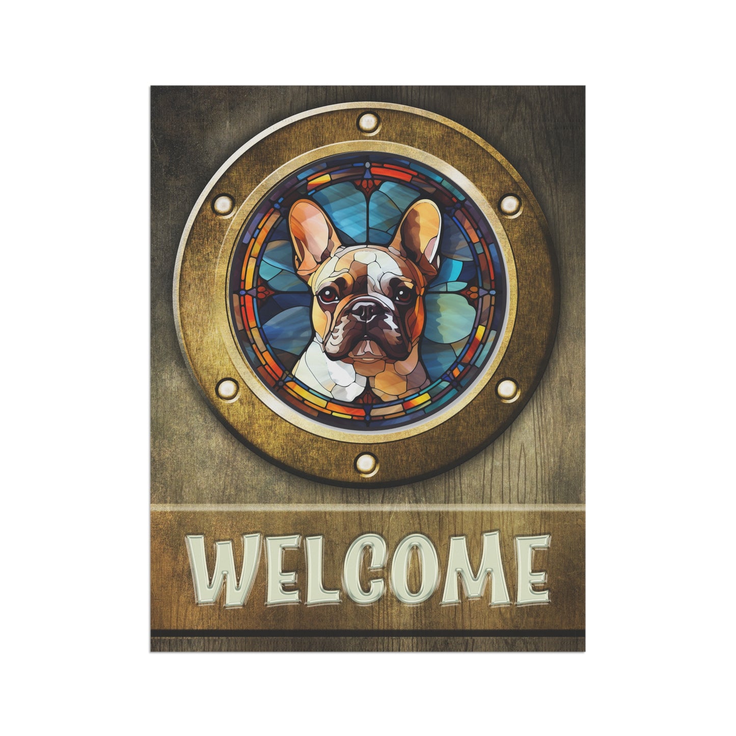 French Bulldog in Port Hole Welcome 2-Sided Garden & House Flag/Banner