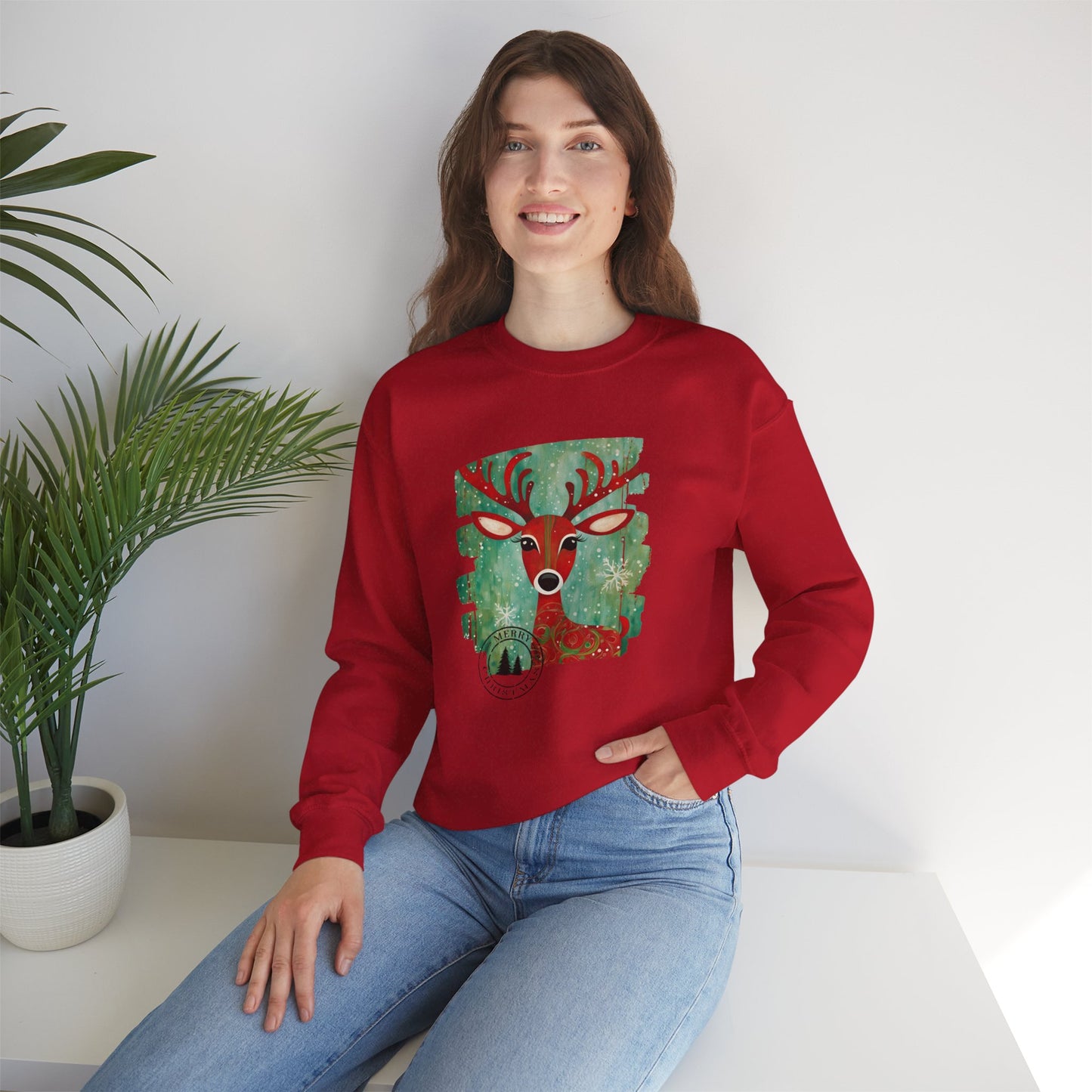 Red Reindeer Merry Christmas Unisex Heavy Blend™ Crewneck Sweatshirt