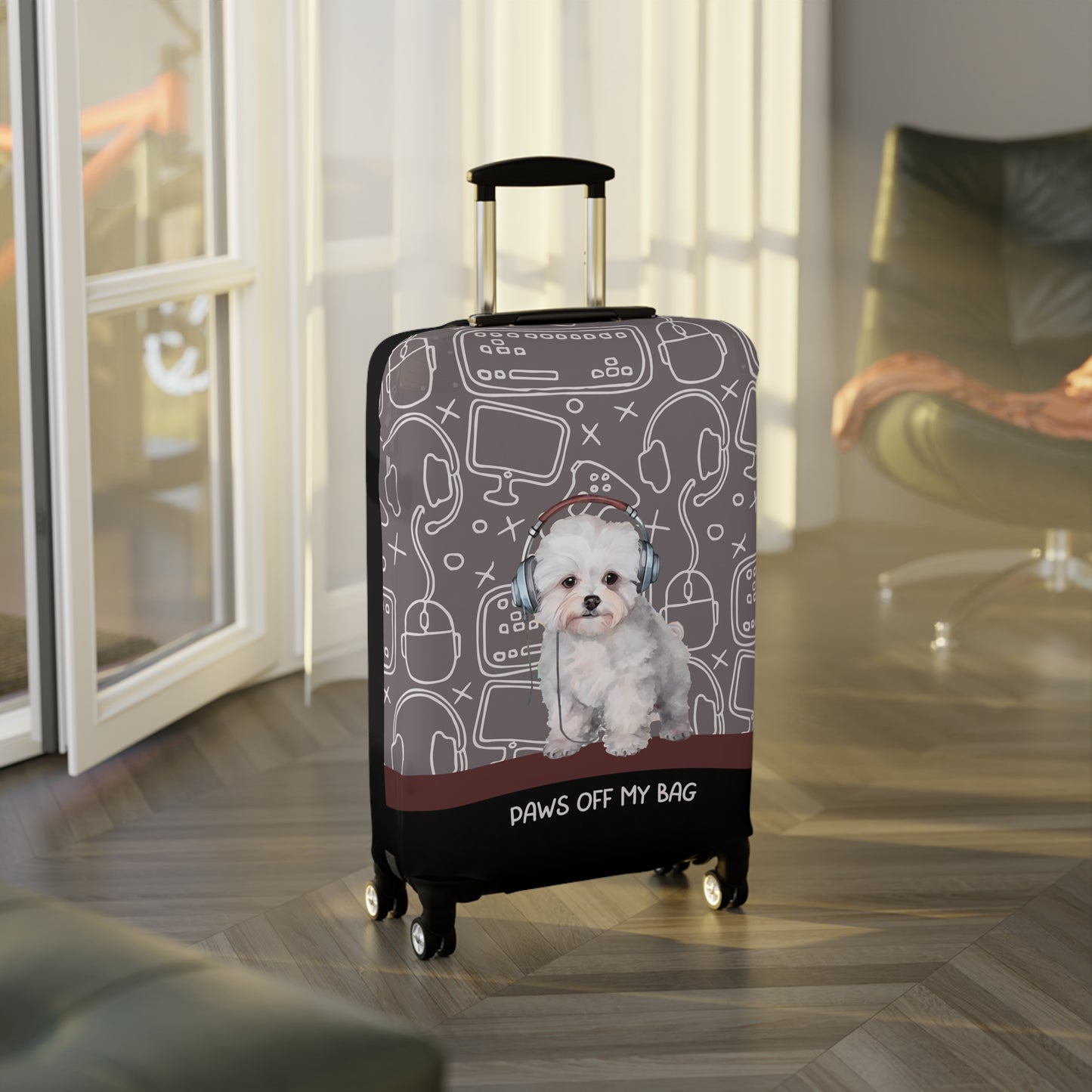 Bichon Frise in Headphones Paws Off My Bag Luggage Cover