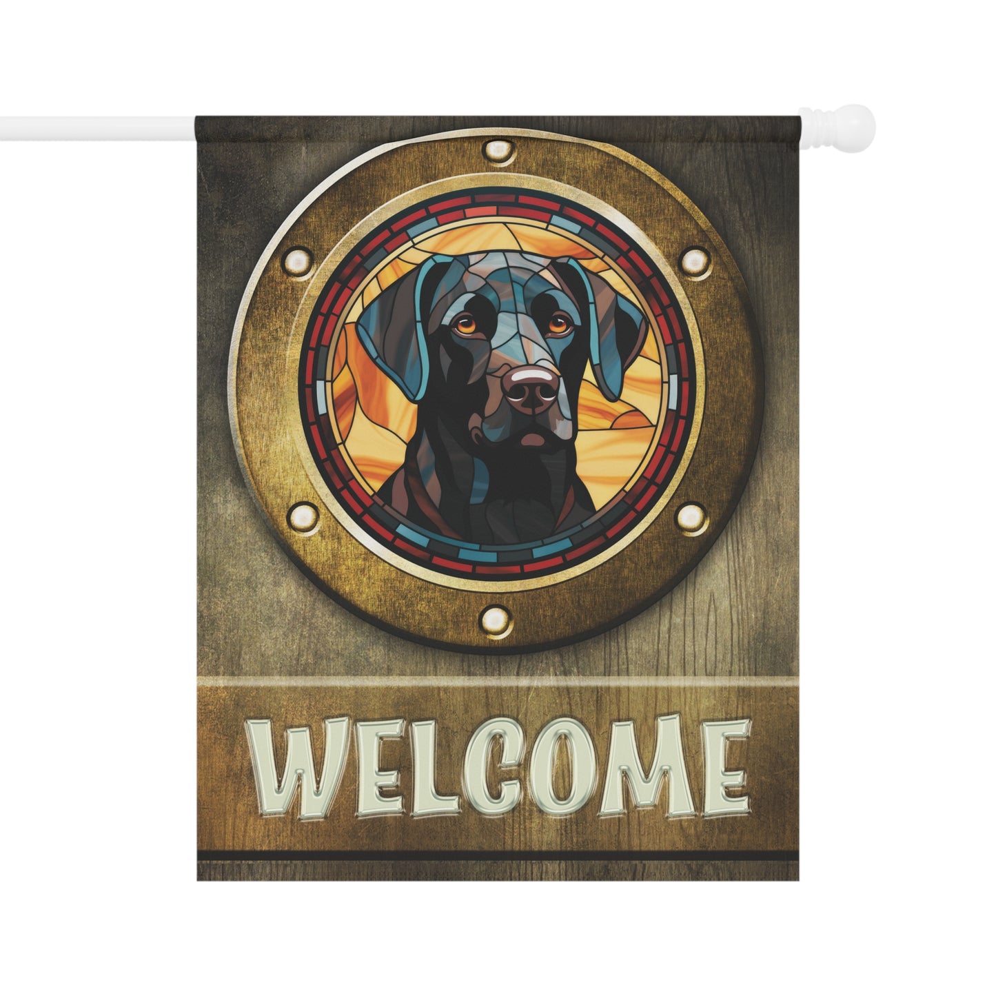 Black Labrador in Port Hole Welcome 2-Sided Garden & House Flag/Banner