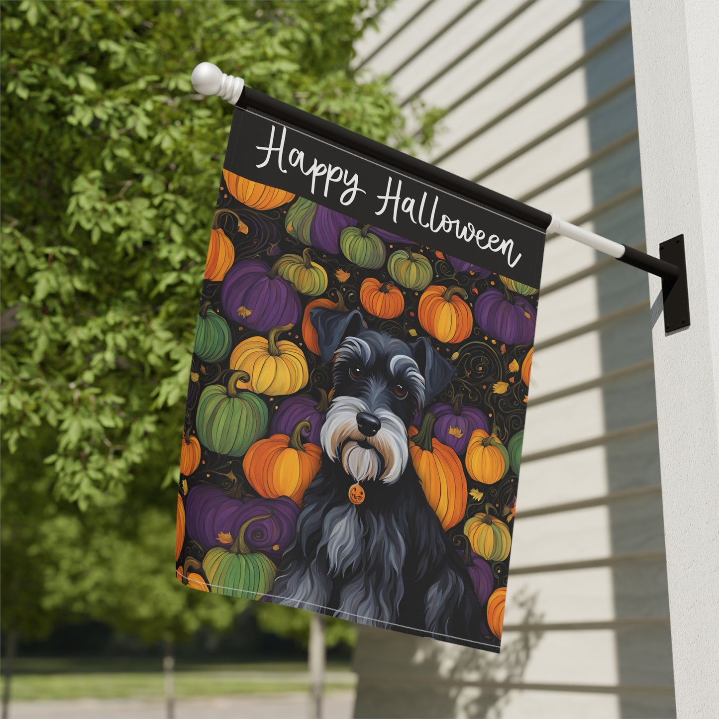 Miniature Schnauzer Happy Halloween 2-Sided Garden & House Flag/Banner