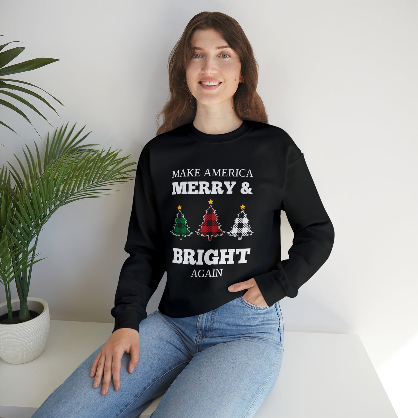 Plaid Trees Make America Merry & Bright Again Unisex Heavy Blend™ Crewneck Sweatshirt