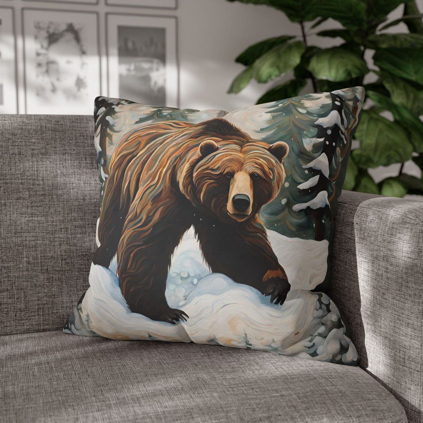 Winter Grizzly Square Poly Canvas Pillowcase