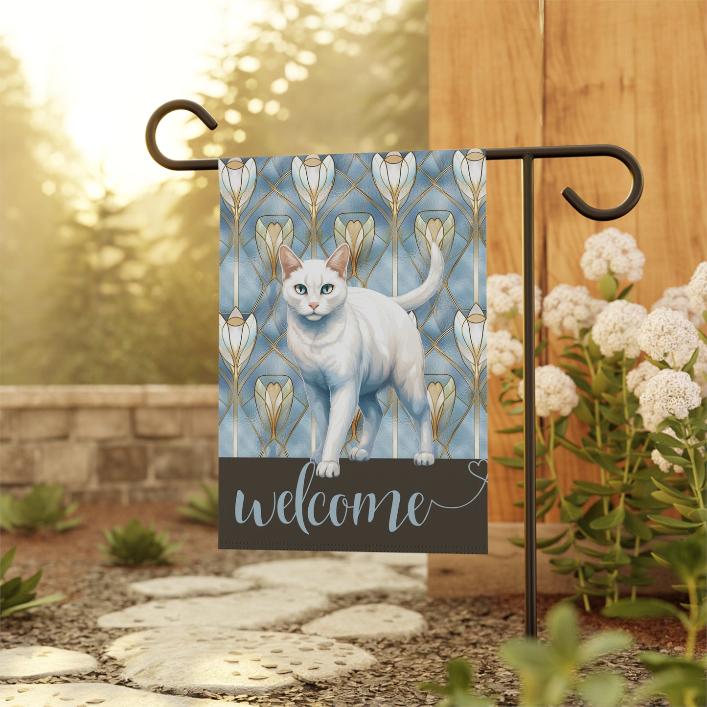 White Cat Welcome 2-Sided Garden & House Flag/Banner