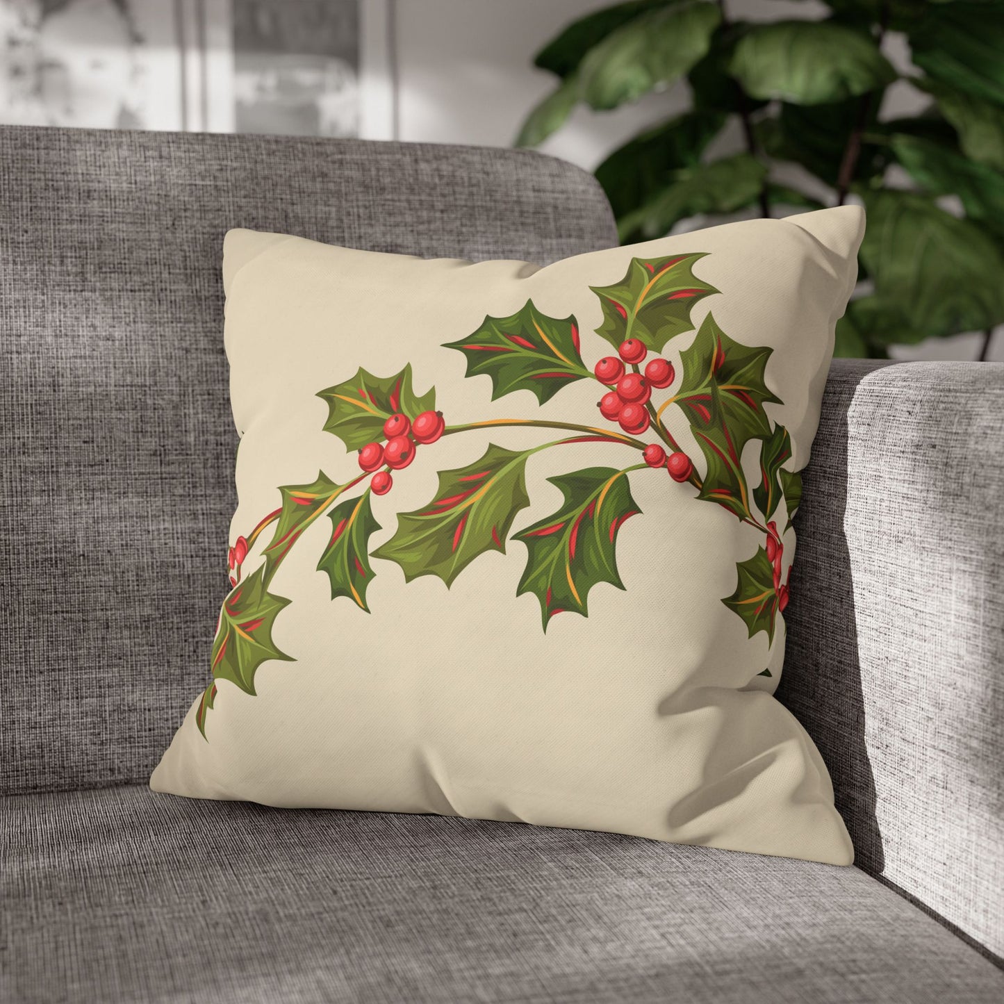 Holly Vine Holiday Square Poly Canvas Pillowcase