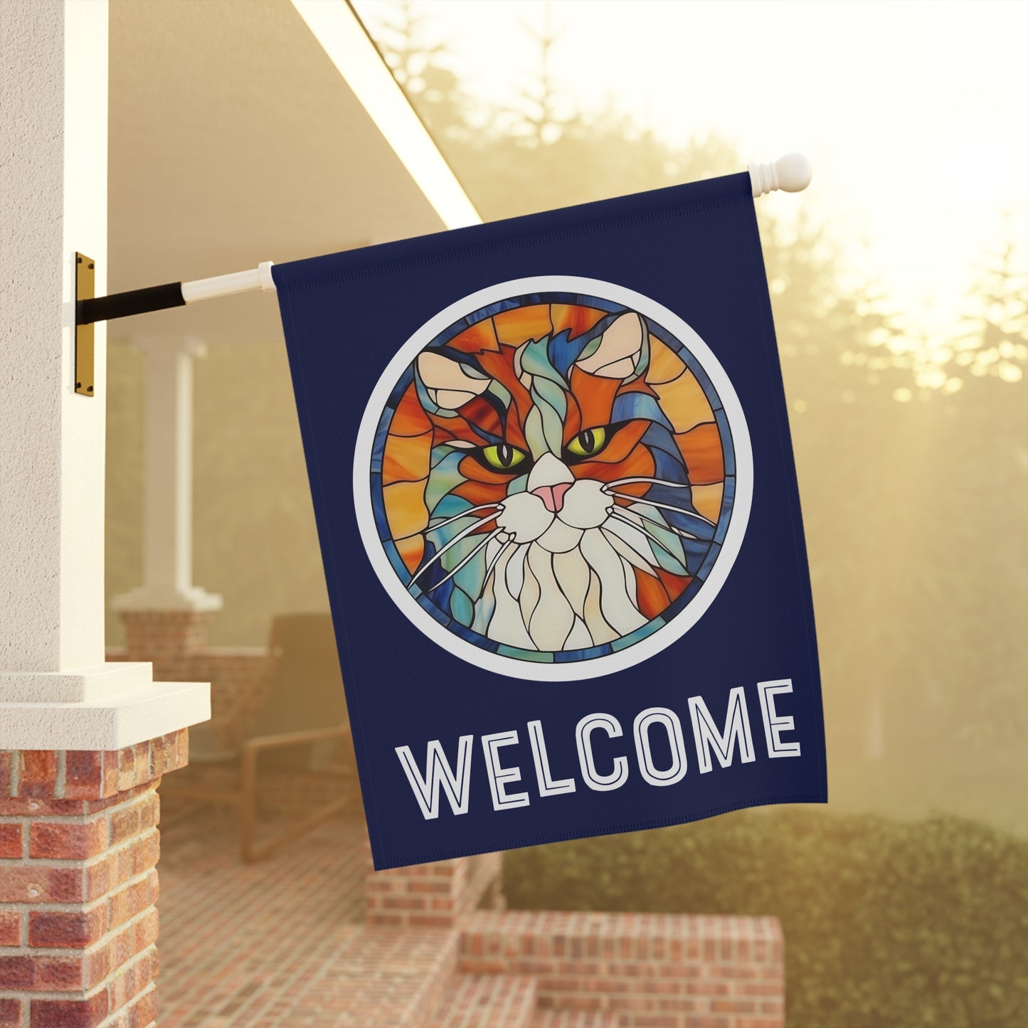 Stained Glass Cat Welcome 2-Sided Garden & House Flag/Banner