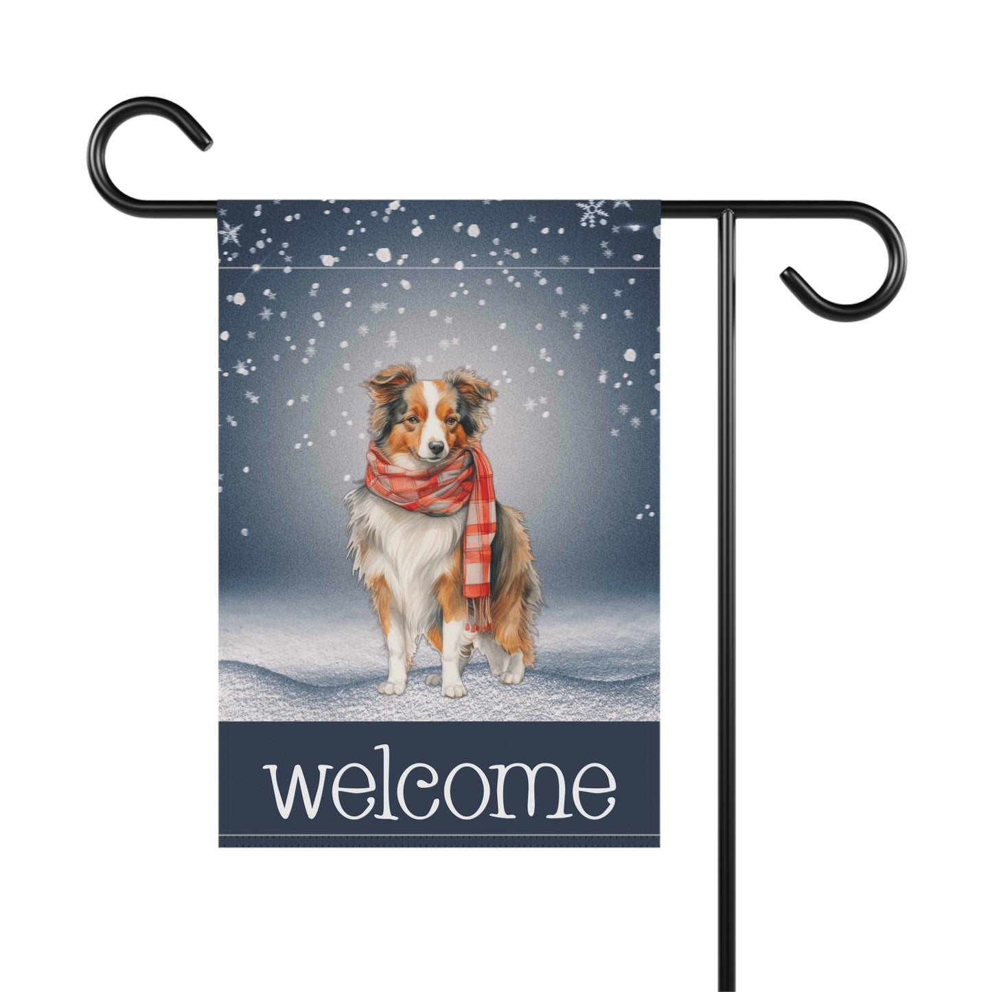 Snowy Welcome Collie in Scarf 2-Sided Garden & House Flag/Banner