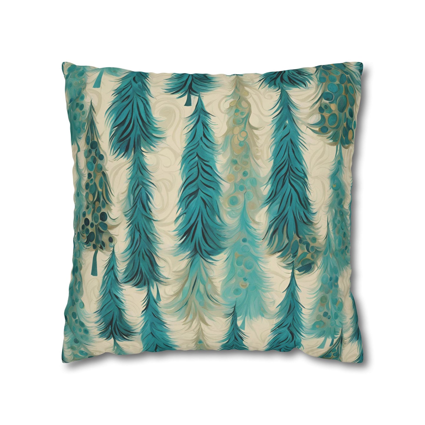 Teal Christmas Trees Square Poly Canvas Pillowcase