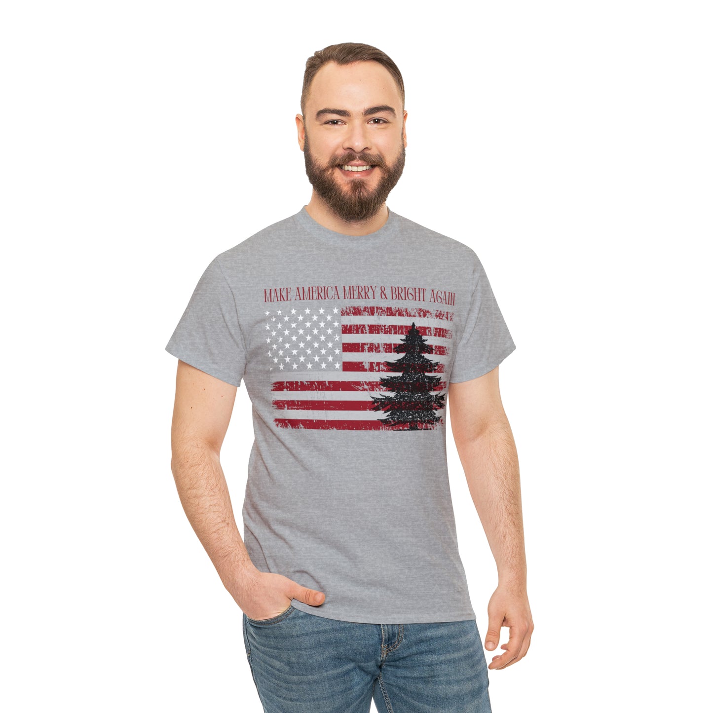 American Flag Make America Merry & Bright Again Unisex Heavy Cotton Tee