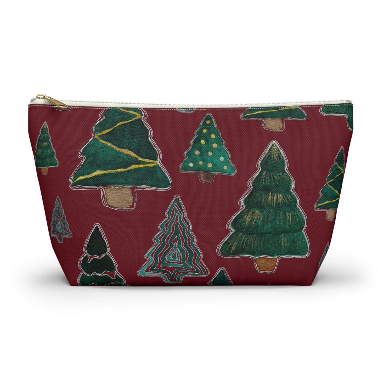 Christmas Tree Cutouts on Maroon Accessory Pouch w T-bottom