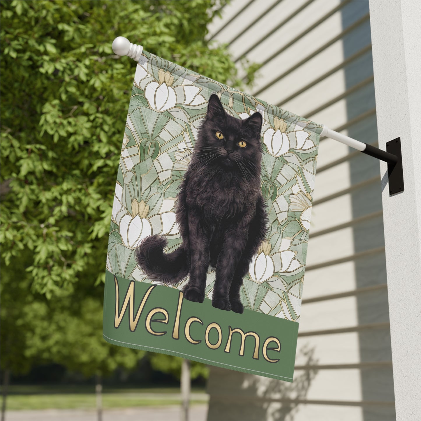 Black Cat on Sage Welcome 2-Sided Garden & House Flag/Banner