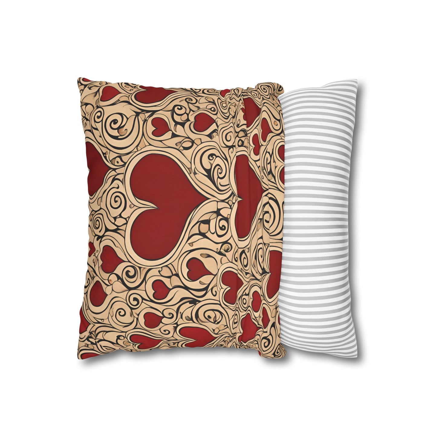 Hearts on Khaki Square Poly Canvas Pillowcase