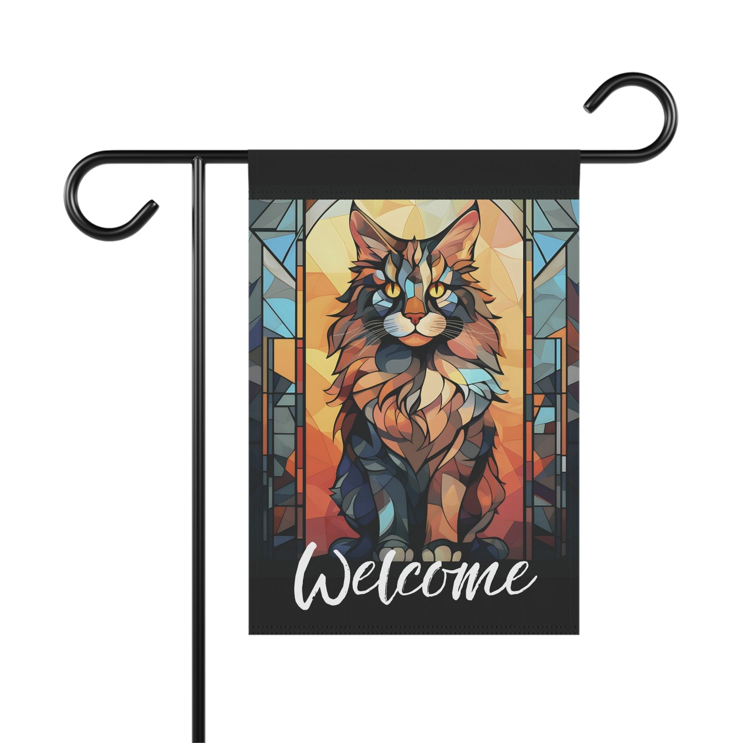 Maine Coon Cat Welcome Stained Glass Look 2-Sided Garden & House Flag/Banner