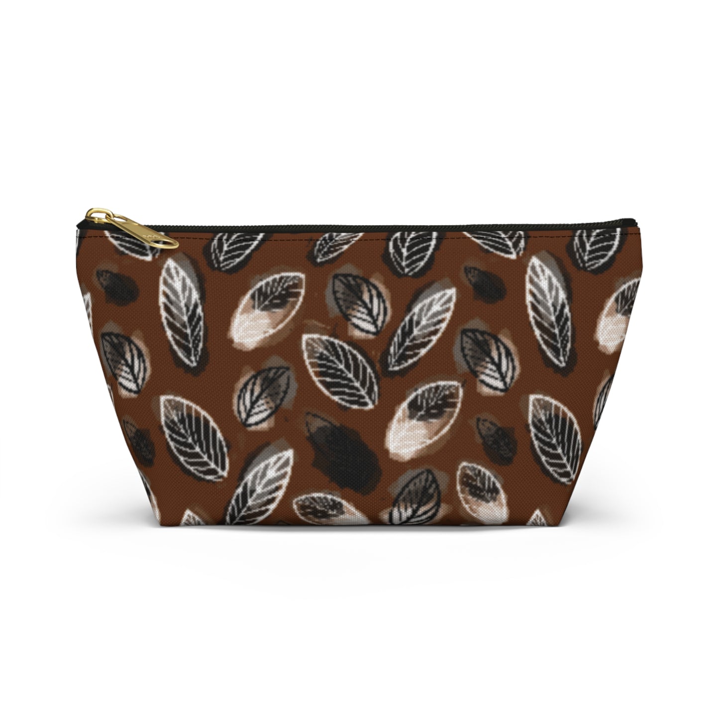 Gertie Black & Cream Abstract Leaves on Brown Makeup Zipper Accessory Pouch w T-bottom