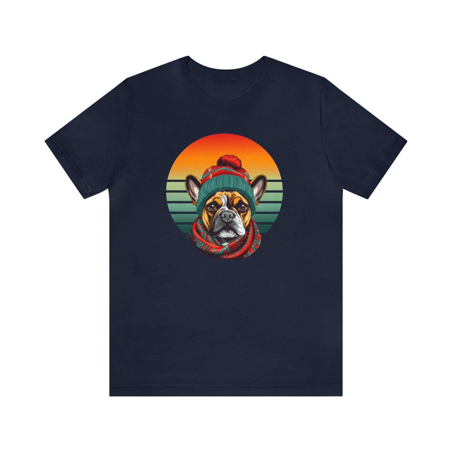 Retro French Bulldog in Hat & Scarf Unisex Jersey Short Sleeve Tee