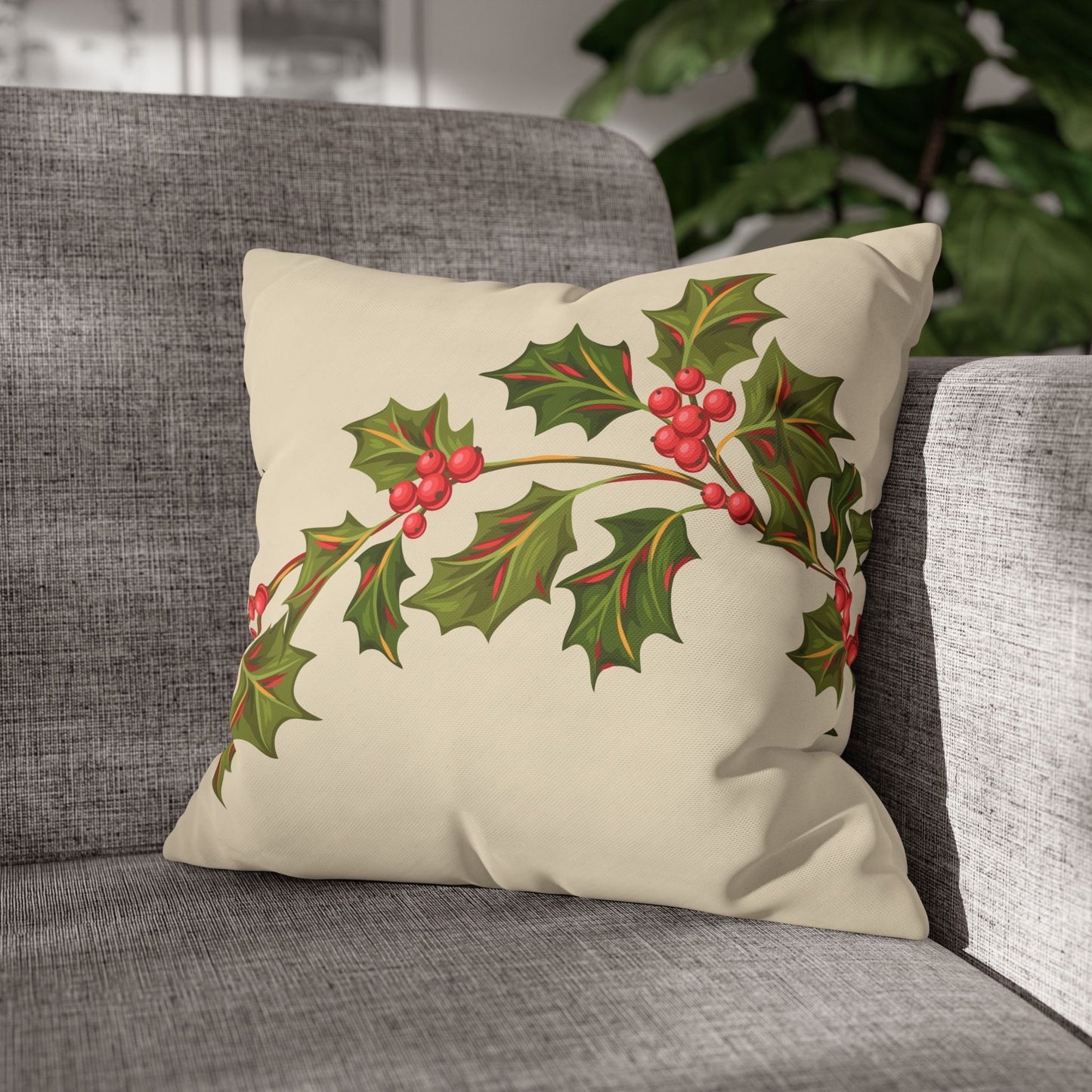 Holly Vine Holiday Square Poly Canvas Pillowcase