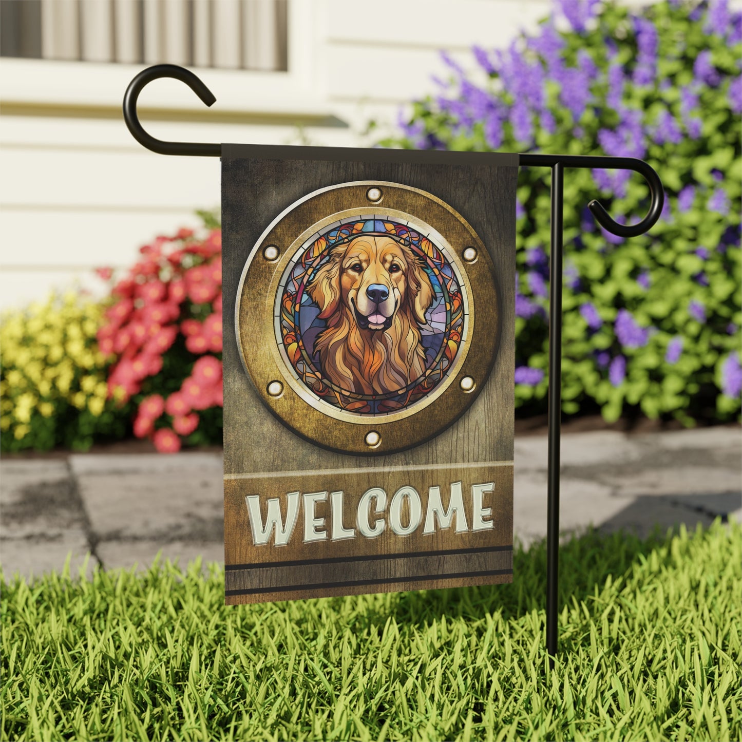 Golden Retriever in Port Hole Welcome 2-Sided Garden & House Flag/Banner