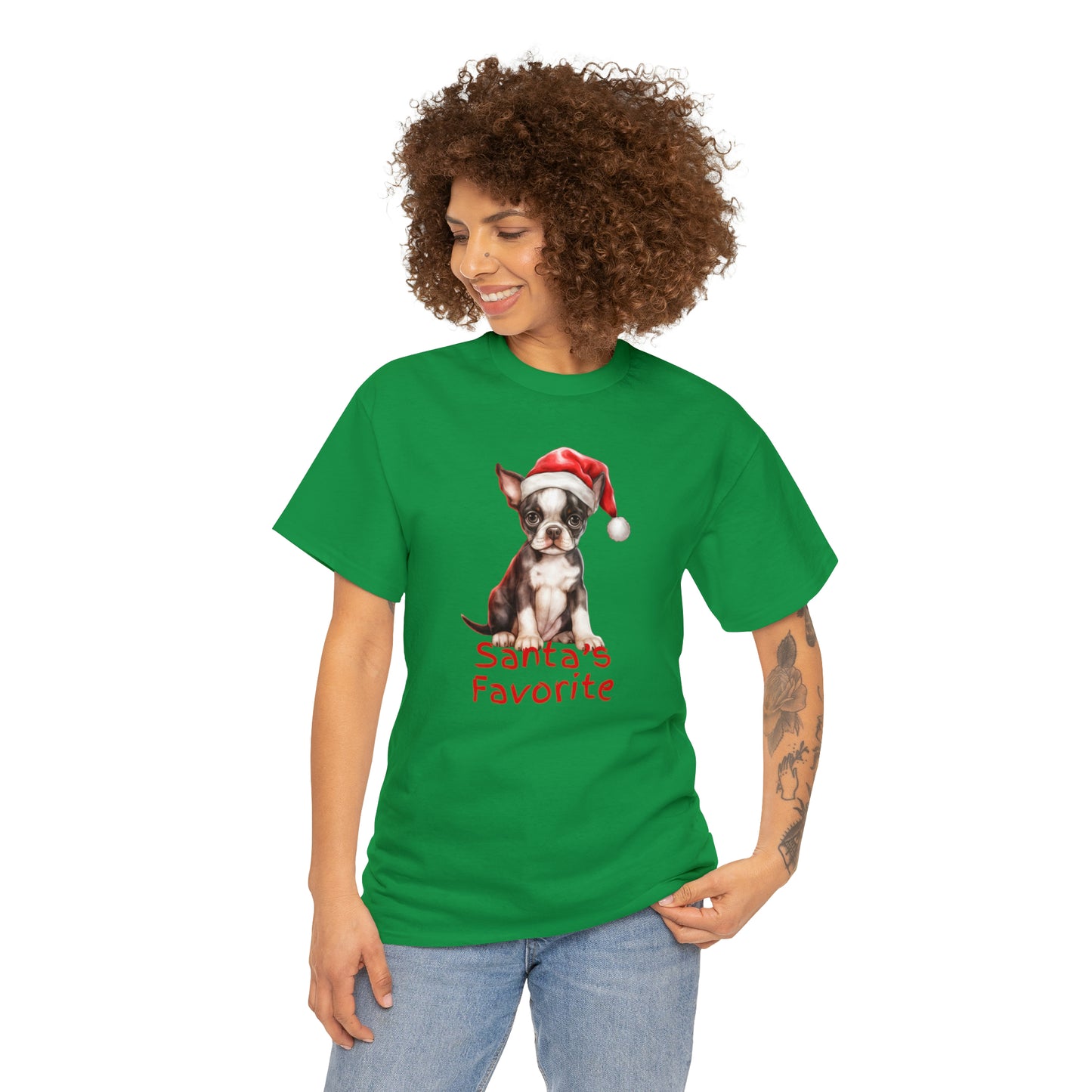 Santa's Favorite Boston Terrier Pup Unisex Heavy Cotton Tee