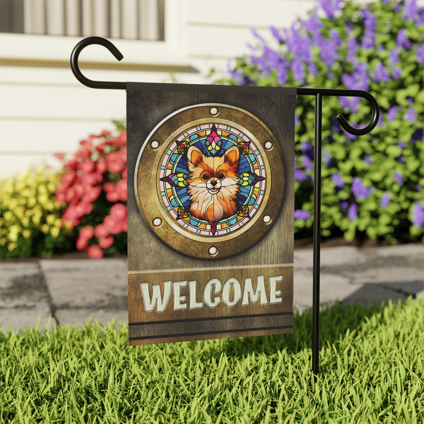 Pomeranian in Port Hole Welcome 2-Sided Garden & House Flag/Banner