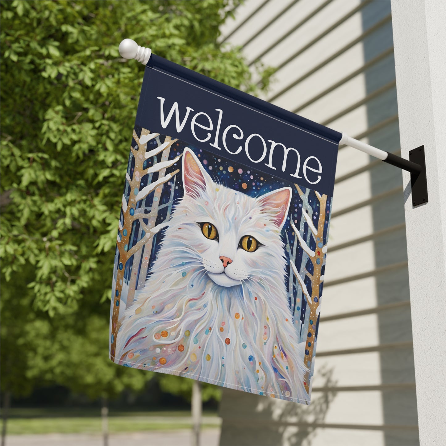 Snowy Cat Welcome 2-Sided Garden & House Flag/Banner