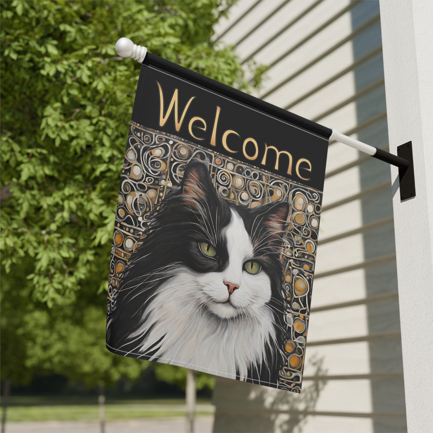 Black & White Cat Welcome 2-Sided Garden & House Flag/Banner