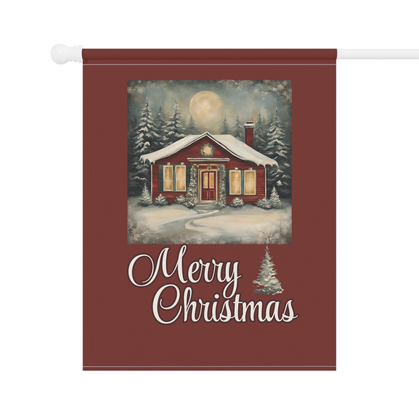 Red Cabin Merry Christmas 2-Sided Garden & House Flag/Banner