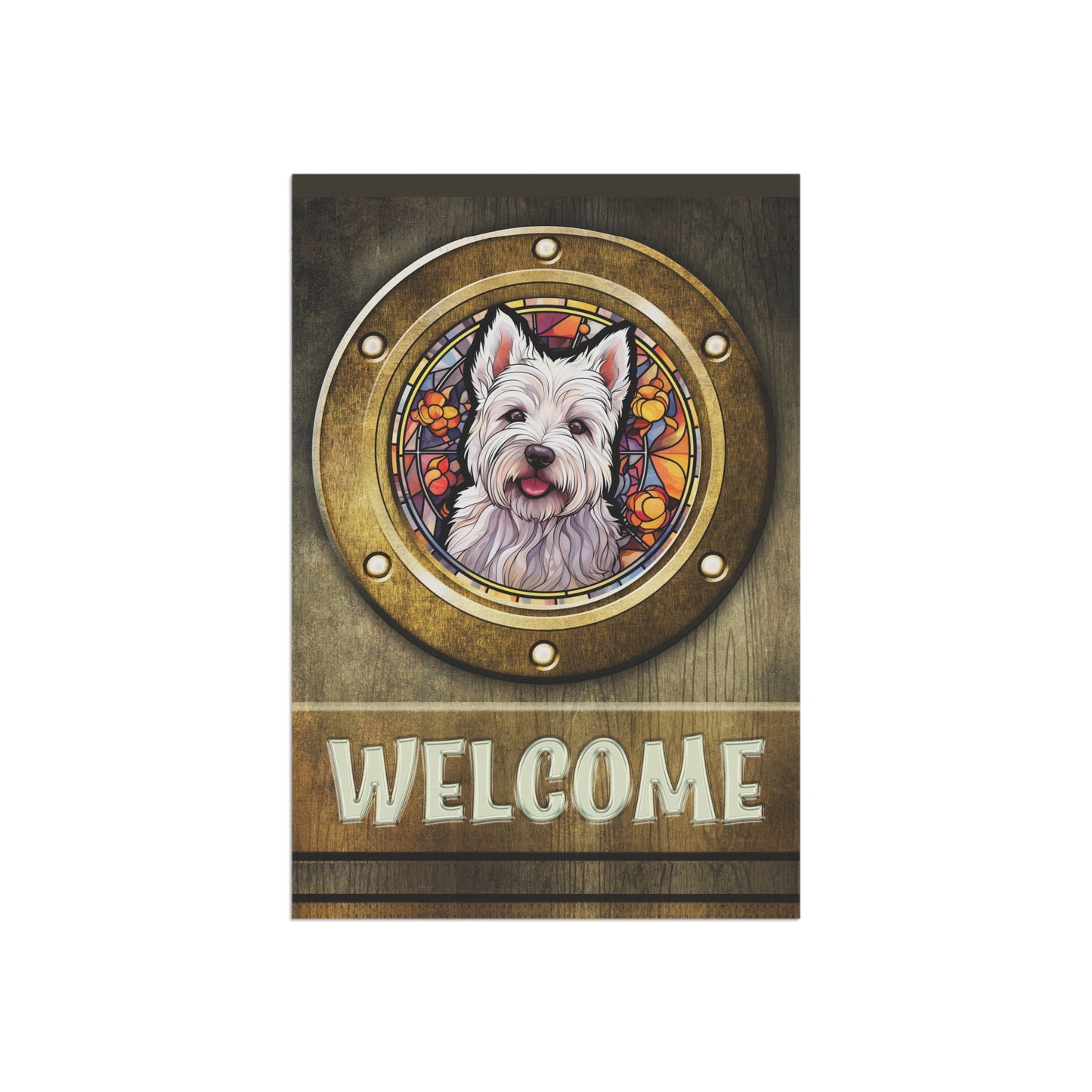 West Highland Terrier in Port Hole Westie Welcome 2-Sided Garden & House Flag/Banner