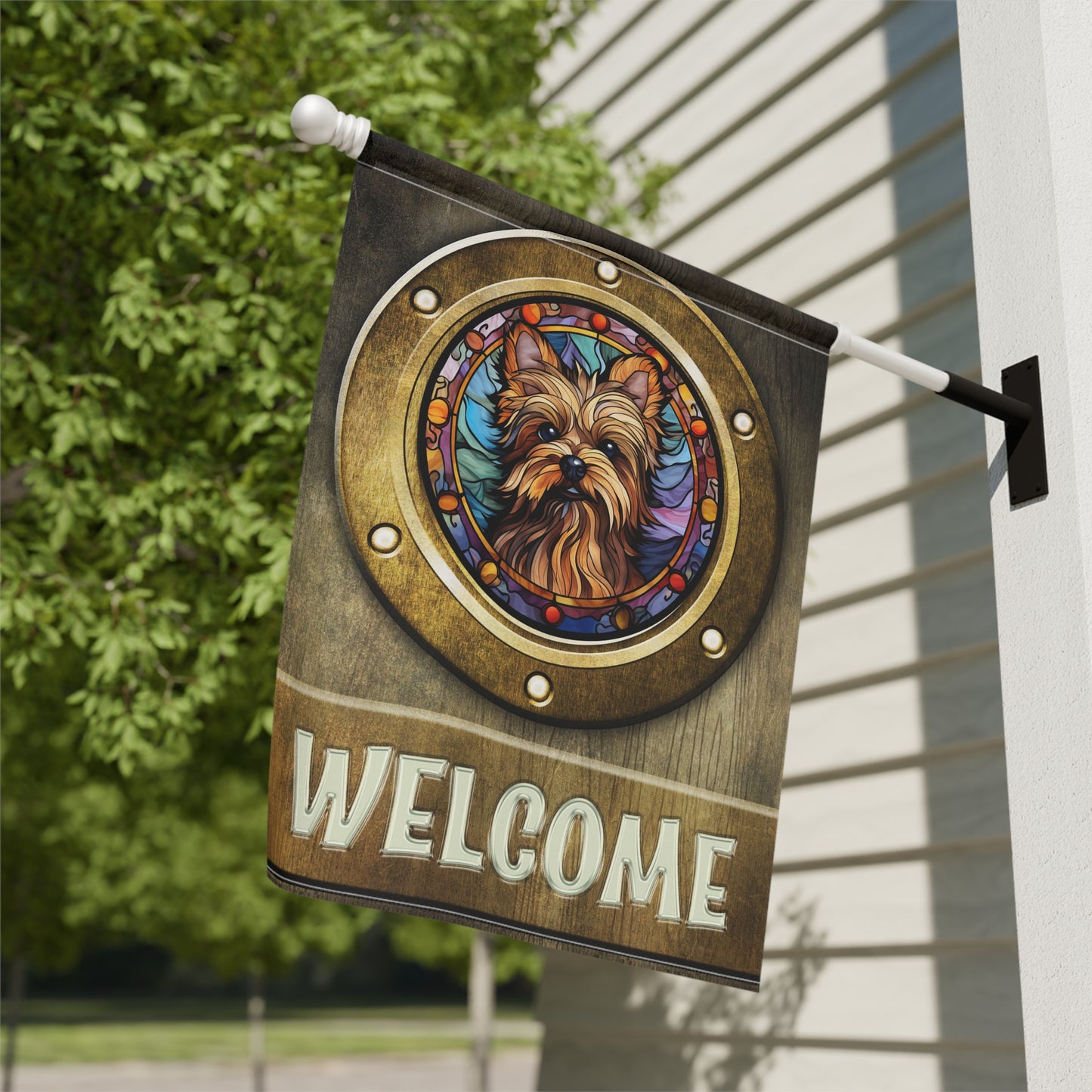 Yorkshire Terrier in Port Hole Welcome Yorkie 2-Sided Garden & House Flag/Banner