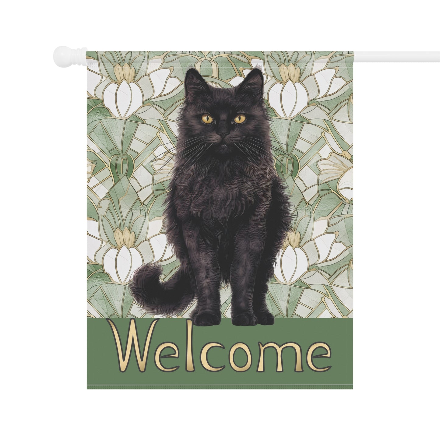 Black Cat on Sage Welcome 2-Sided Garden & House Flag/Banner