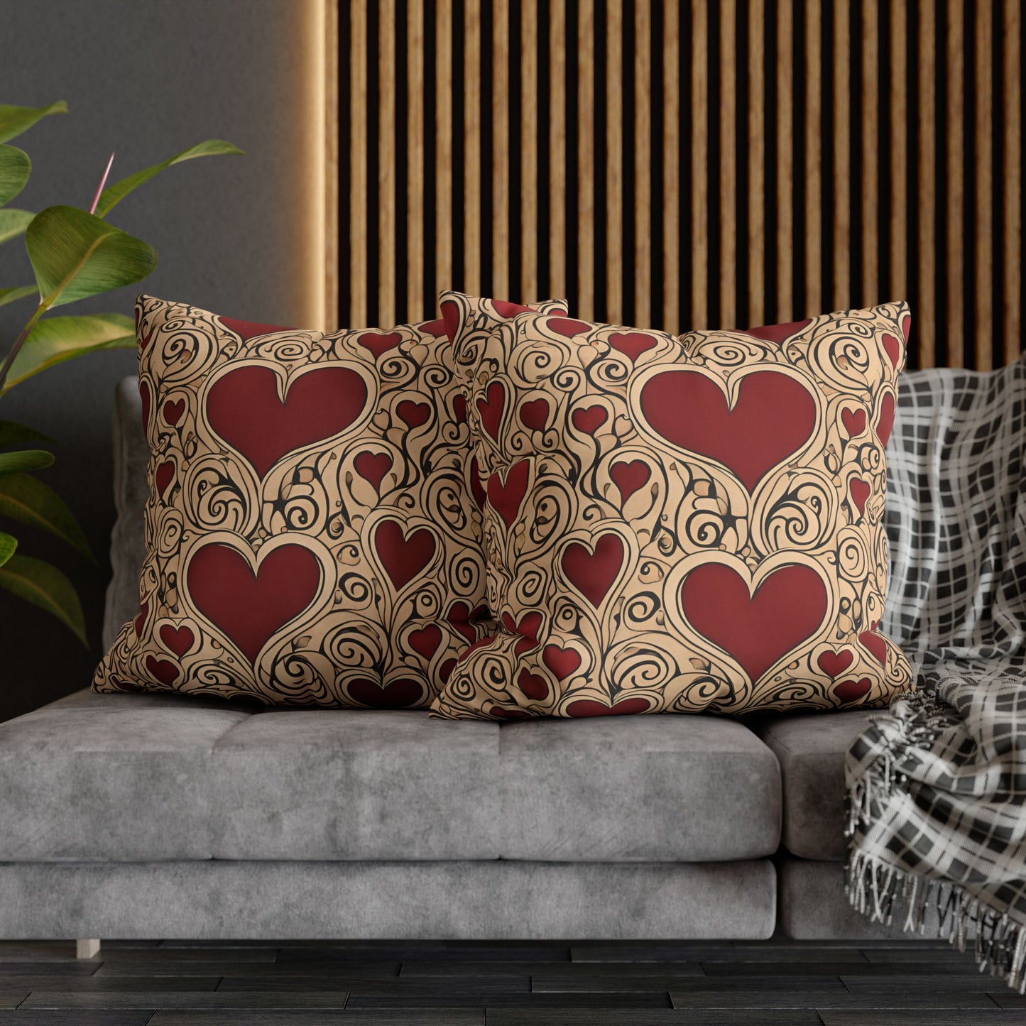 Hearts on Khaki Square Poly Canvas Pillowcase