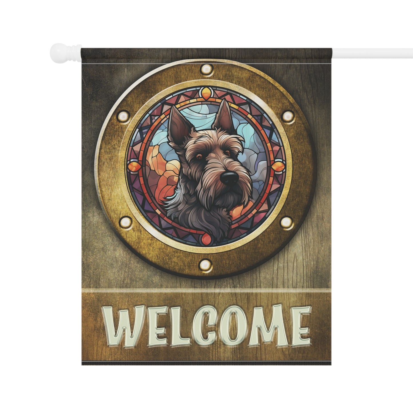 Scottish Terrier in Port Hole Welcome Scottie Dog 2-Dided Garden & House Flag/Banner