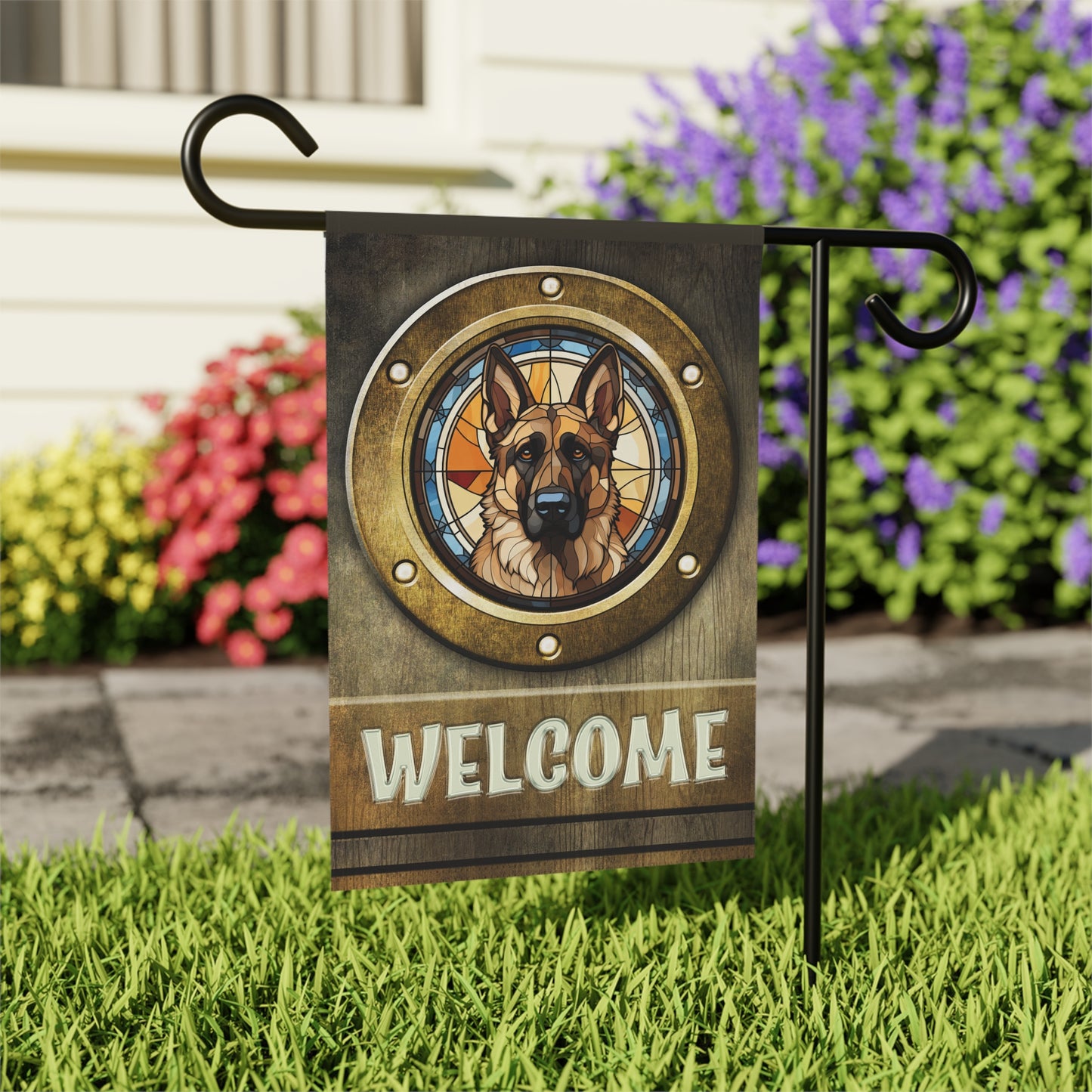 German Shepherd in Port Hole Welcome 2-Sided Garden & House Flag/Banner