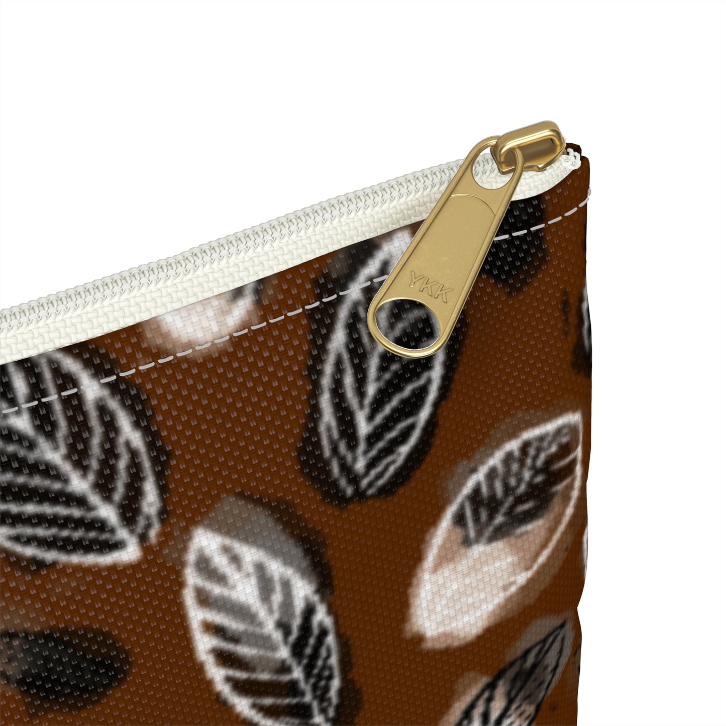 Gertie Black & Cream Abstract Leaves on Brown Journal Pencil  Zipper Flat Bottom Accessory Pouch