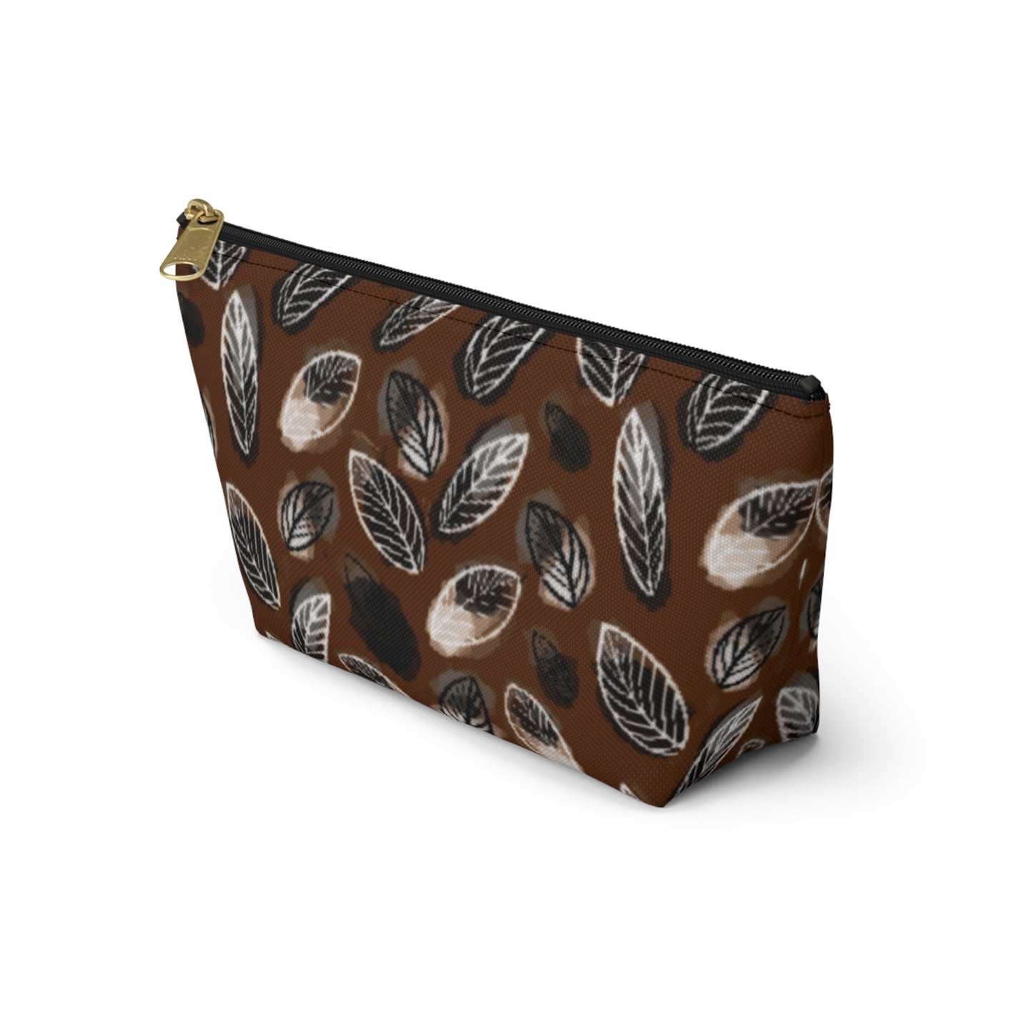 Gertie Black & Cream Abstract Leaves on Brown Makeup Zipper Accessory Pouch w T-bottom