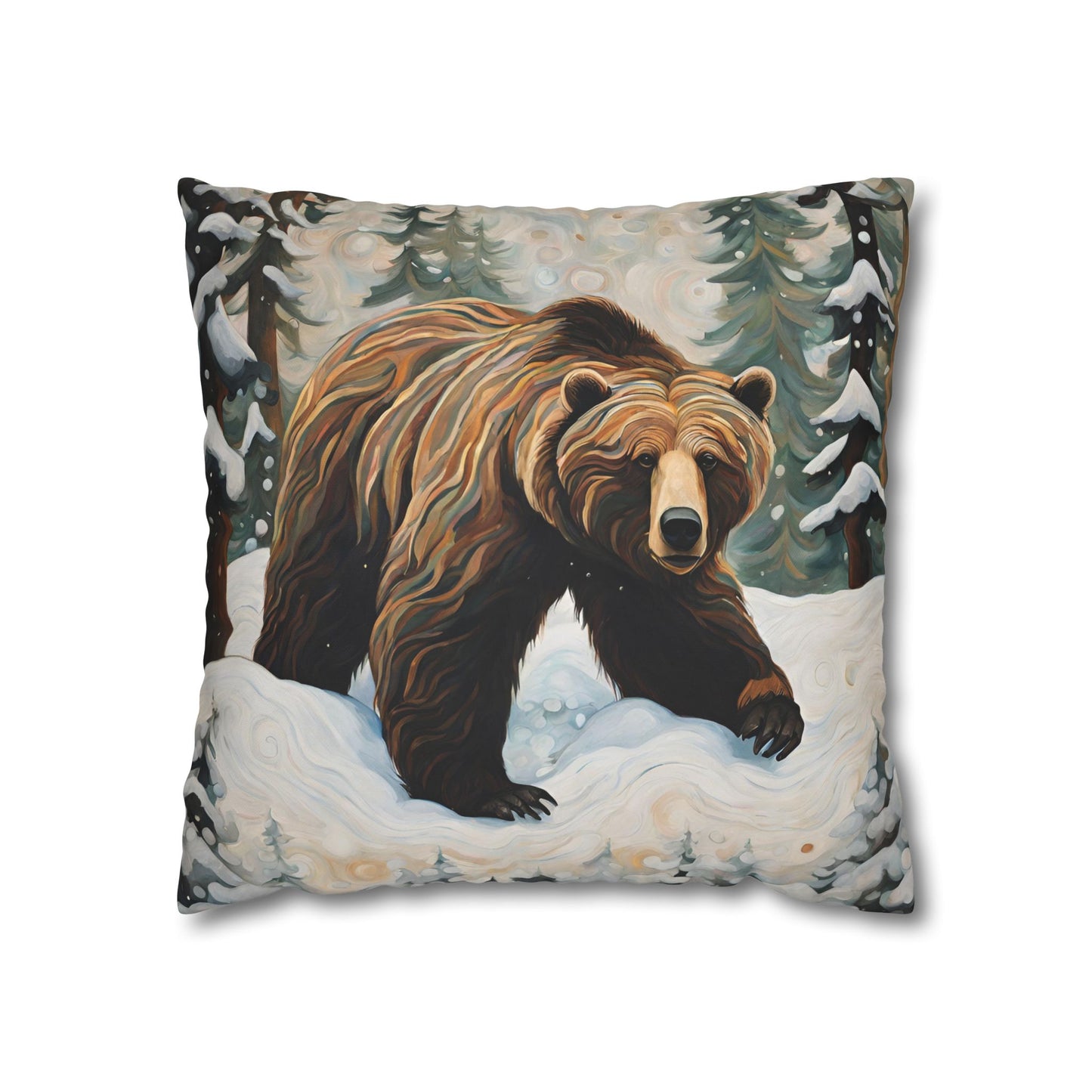 Winter Grizzly Square Poly Canvas Pillowcase