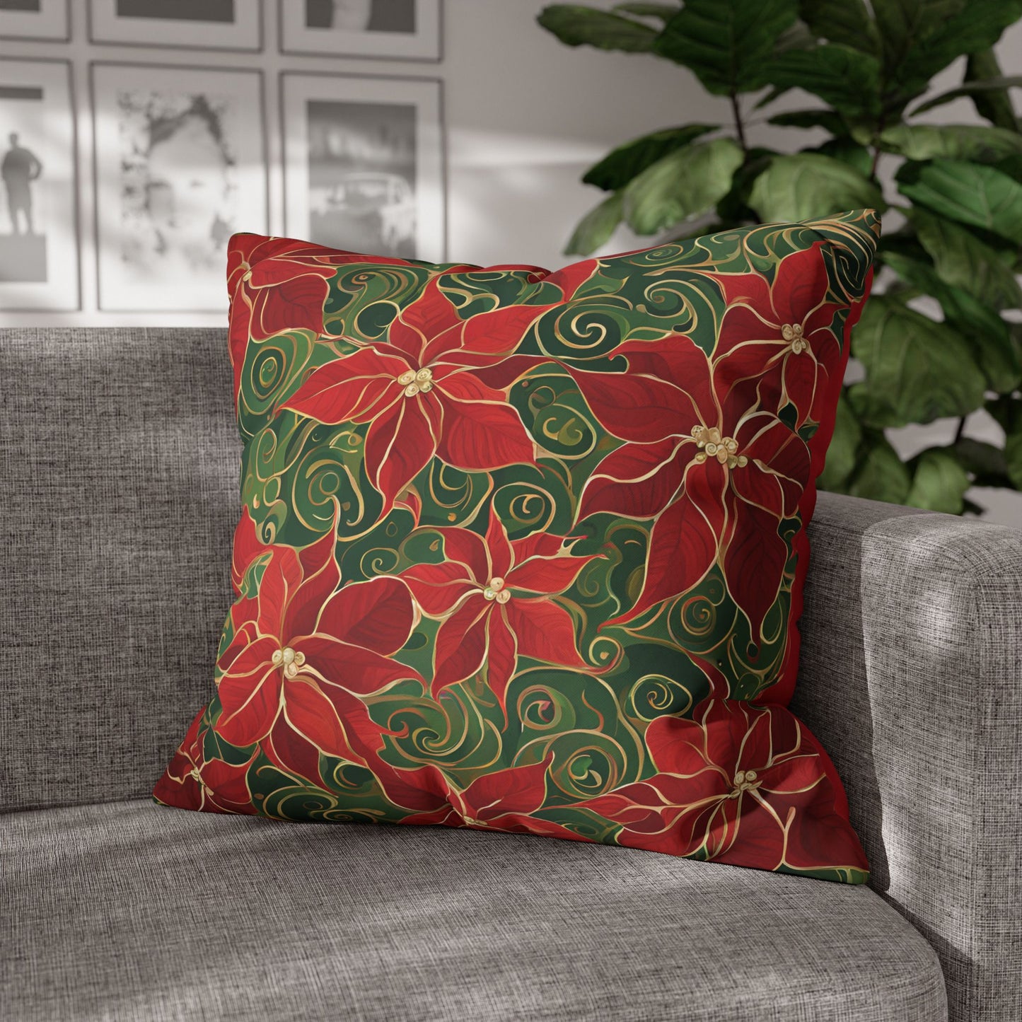 Poinsettias Swirl Holiday Square Poly Canvas Pillowcase