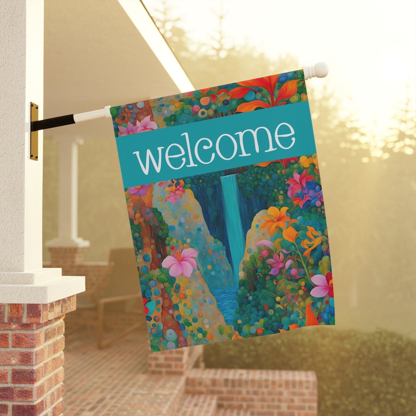 Tropical Waterfall Welcome 2-Sided Garden & House Flag/Banner