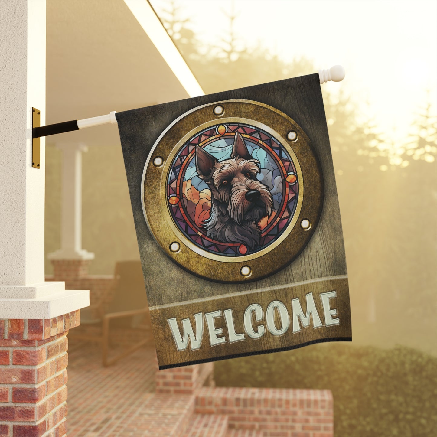 Scottish Terrier in Port Hole Welcome Scottie Dog 2-Dided Garden & House Flag/Banner