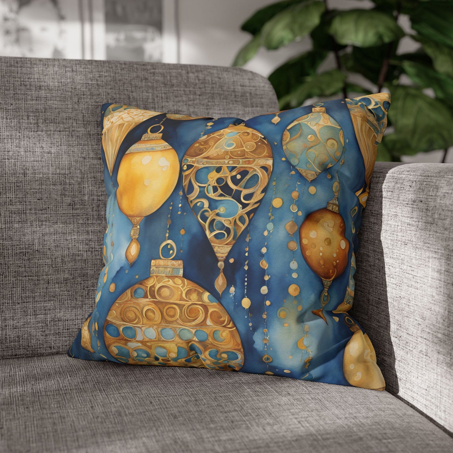 Gold Ornaments Abstract Watercolor Square Poly Canvas Pillowcase