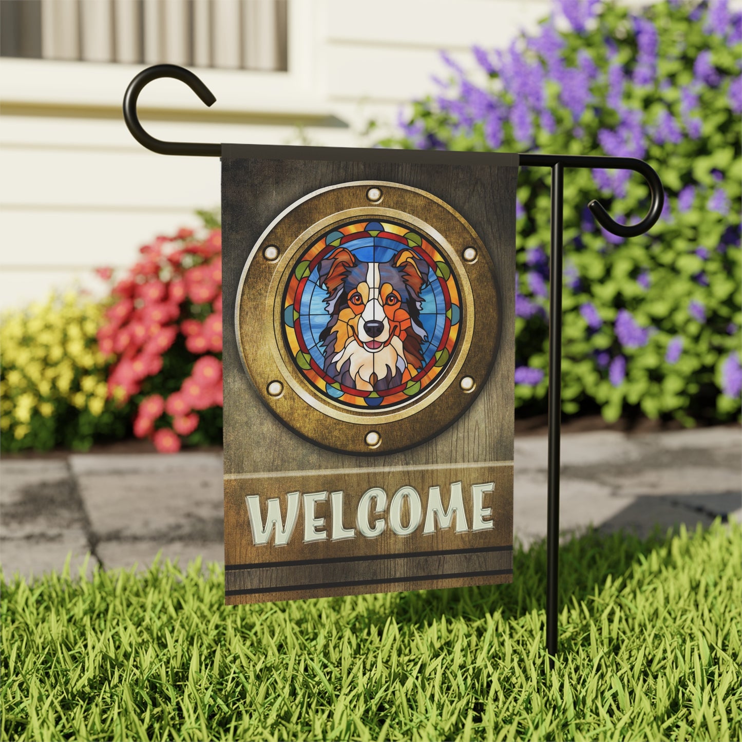 Australian Shepherd in Port Hole Welcome 2-Sided Garden & House Flag/Banner